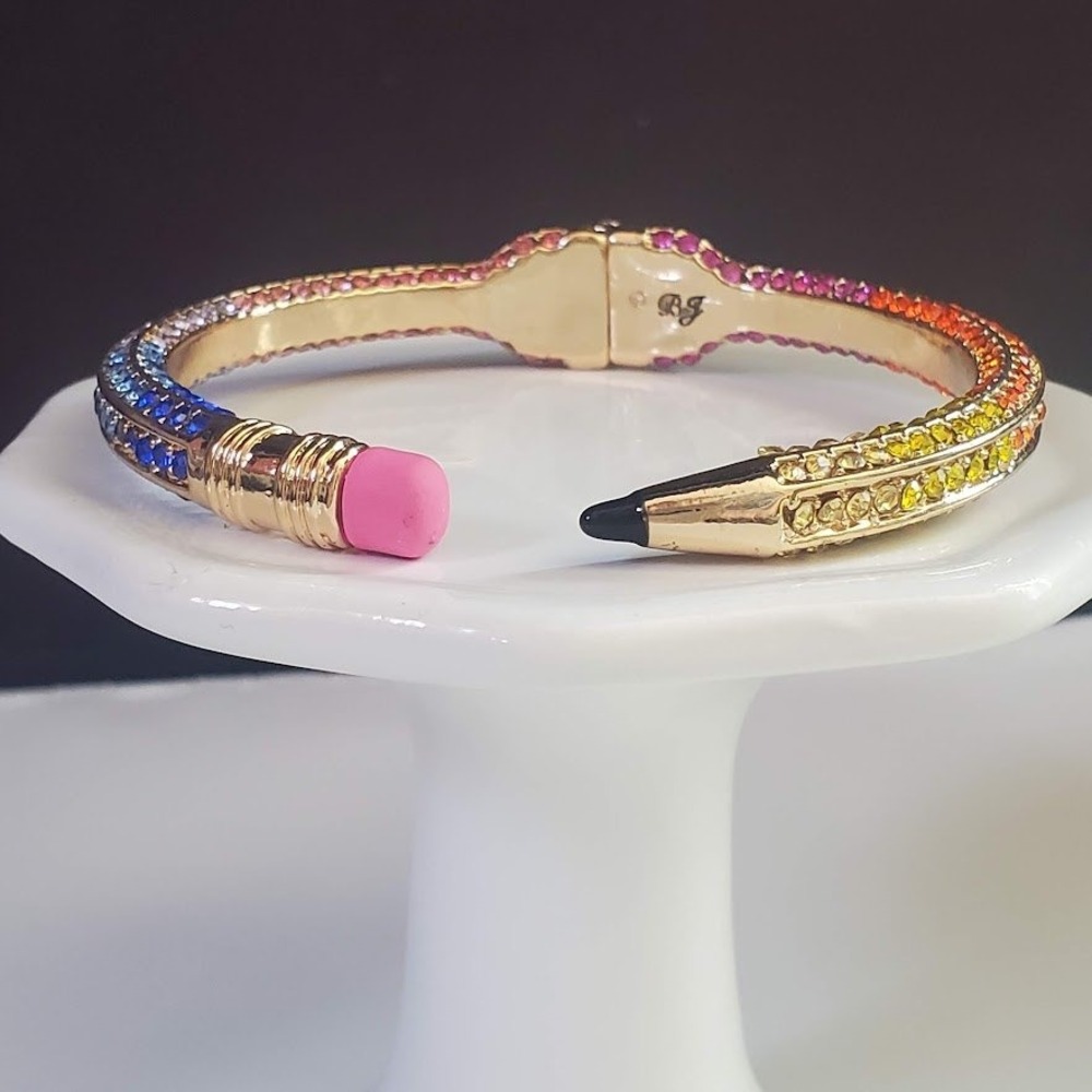 Betsey Johnson Straight A's Pave Pencil Hinged Cuff Bangle Rainbow Rhinestones